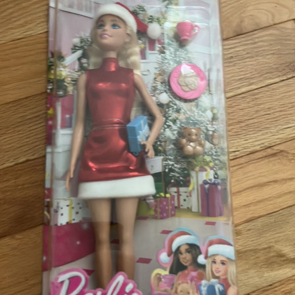 Barbie Red Metallic Holiday Dress Doll with White Trim